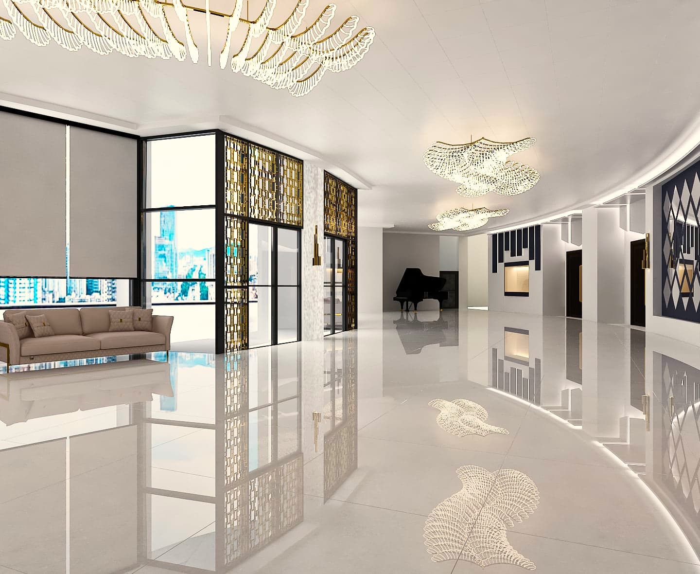 Quiet lobby lounge at Palacio Event Centre with soft seating, daylight through tall windows and a grand piano