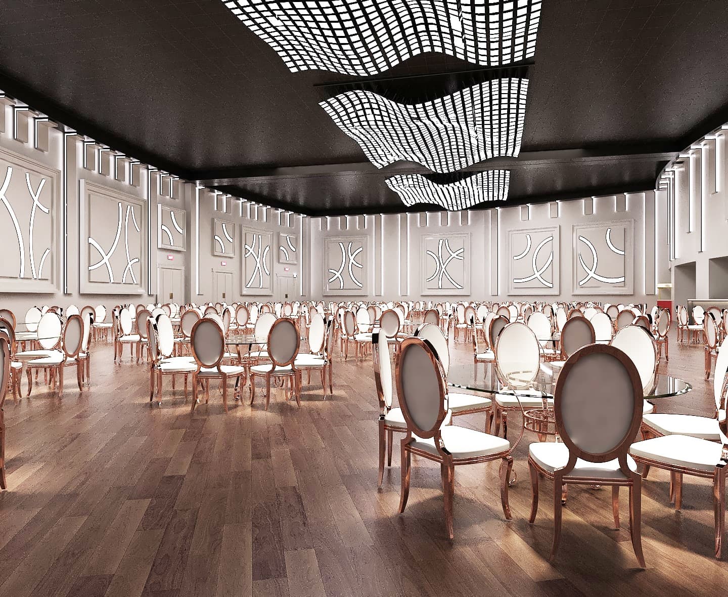 Reception ballroom at Palacio Event Centre in Mississauga set with round tables and a raised stage