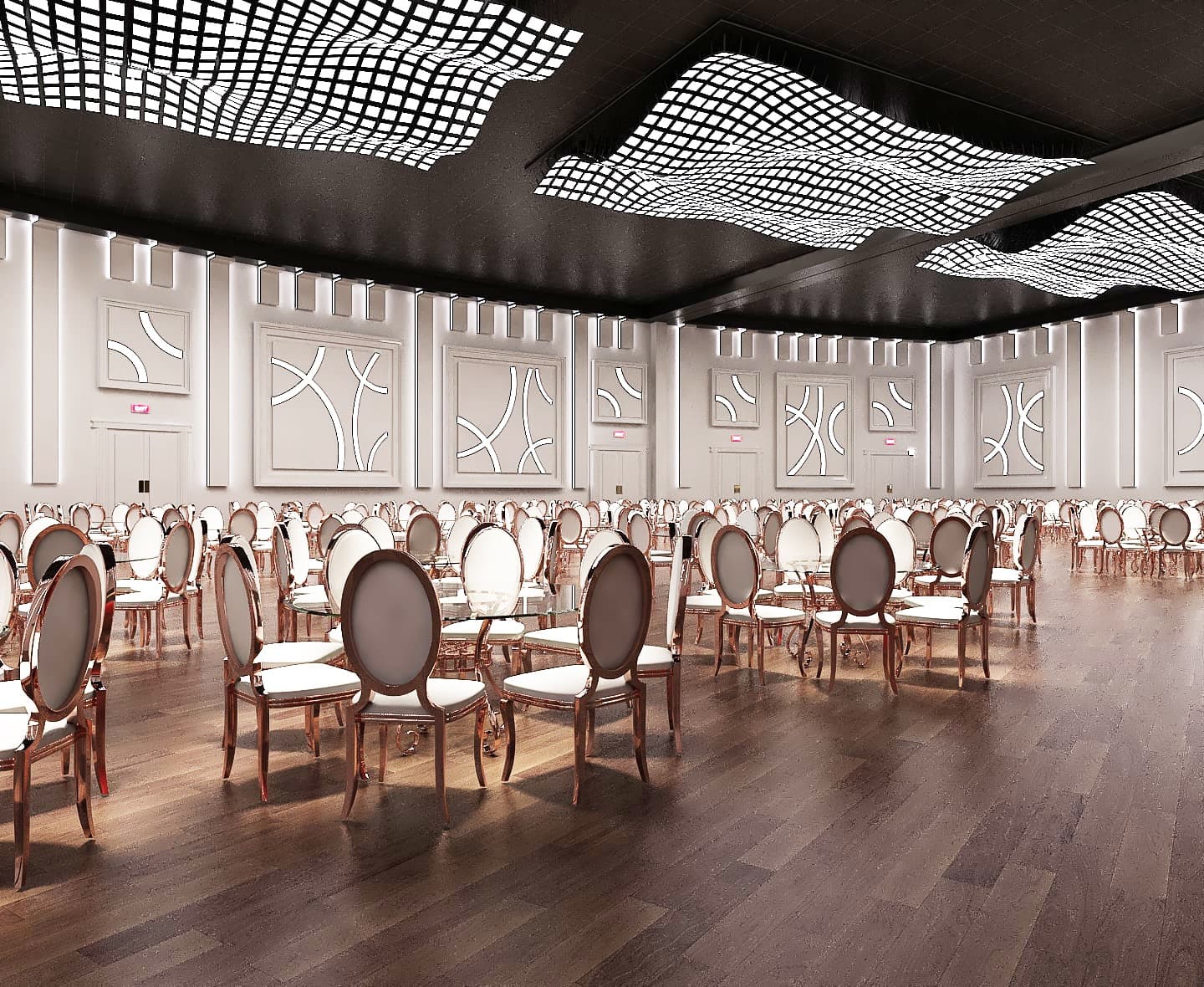 Wedding reception ballroom at Palacio Event Centre set for several hundred guests